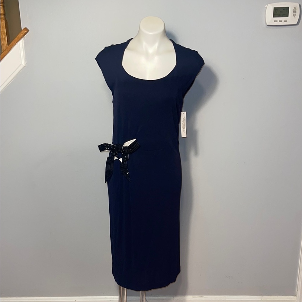 Kay Unger NWT ladies navy blue scoop neck Cap Sleeve Bodycon Dress. Size 14.